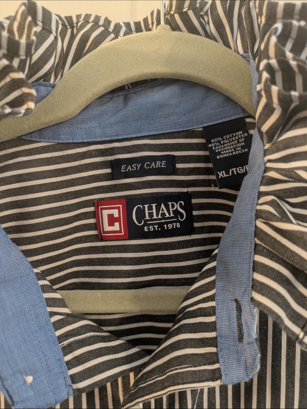 Upcycled Mens Chaps Black and White Striped Button-Up Shirt with Blue Trim - Picture 2 of 5